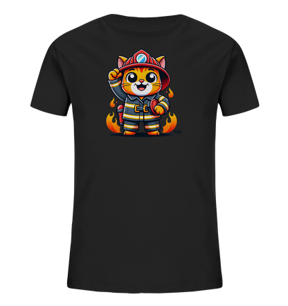 Kinder T-Shirt mit eine winkende Cartoon-Katze als Feuerwehrfigur mit Helm und Uniform