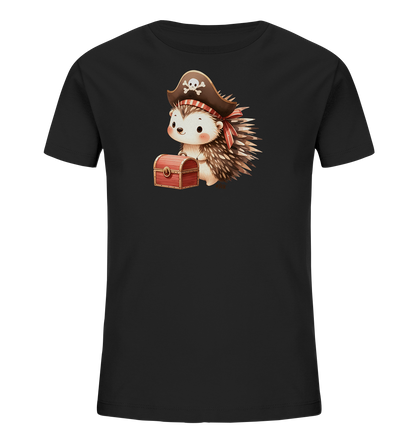 Onlineshop Shirts fuer Kinder - Das Bild zeigt ein schwarzes T-Shirt fuer Kinder mit einem Druck auf der Vorderseite. Dieser Druck stellt einen niedlichen Igel dar, der als Pirat verkleidet ist. Der Igel traegt einen Piratenhut mit Totenkopf und haelt eine kleine rote Schatzkiste in seinen Pfoten.