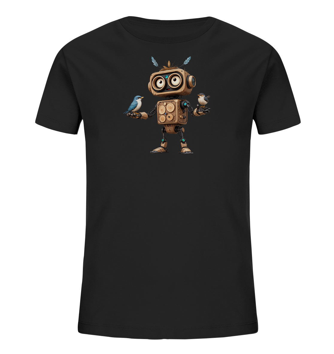 Onlineshop Shirts für Kinder - Das Bild zeigt ein schwarzes Kinder-T-Shirt mit einem aufwendigen Druck auf der Vorderseite. Der Druck zeigt einen anthropomorphen Roboter, der aus Holzelementen und Metallteilen zu bestehen scheint. Der Roboter hält in jeder Hand einen kleinen Vogel und trägt Federn auf dem Kopf. Das Design ist detailliert und im Stil einer Illustration gehalten, was dem T-Shirt einen fantasievollen Look verleiht.