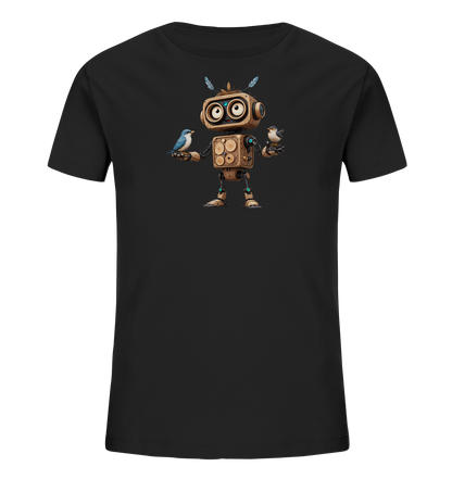 Onlineshop Shirts für Kinder - Das Bild zeigt ein schwarzes Kinder-T-Shirt mit einem aufwendigen Druck auf der Vorderseite. Der Druck zeigt einen anthropomorphen Roboter, der aus Holzelementen und Metallteilen zu bestehen scheint. Der Roboter hält in jeder Hand einen kleinen Vogel und trägt Federn auf dem Kopf. Das Design ist detailliert und im Stil einer Illustration gehalten, was dem T-Shirt einen fantasievollen Look verleiht.