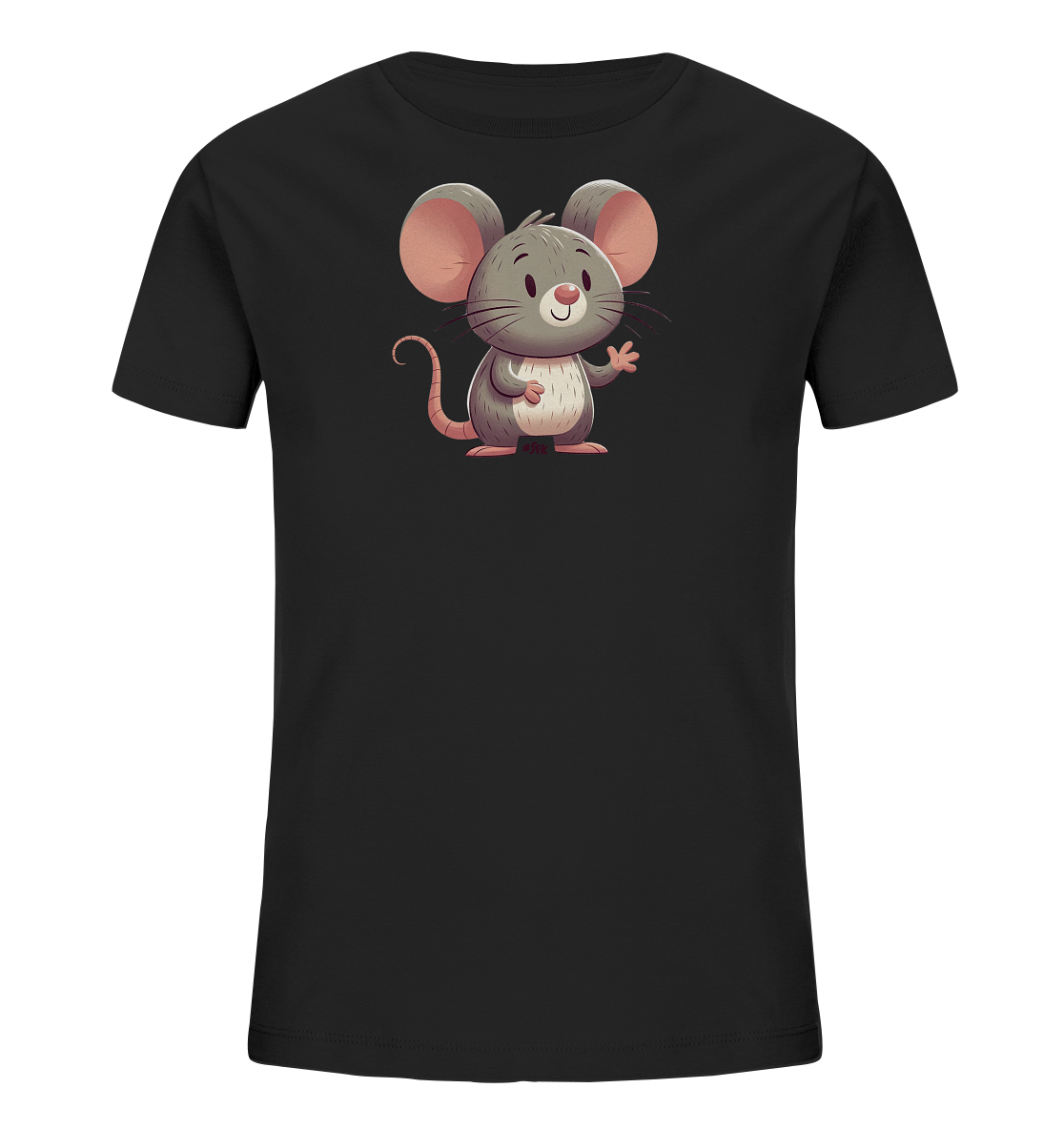 Onlineshop Shirts für Kinder - Das Bild zeigt ein schwarzes T-Shirt für Kinder. Auf der Vorderseite befindet sich eine niedliche, cartoonartige Illustration einer grauen Maus. Die Maus hat große rosa Ohren und Pfoten, eine rosa Nase und lächelt freundlich, während sie winkt. Das gesamte Design ist farbenfroh und im kindgerechten Stil gestaltet.