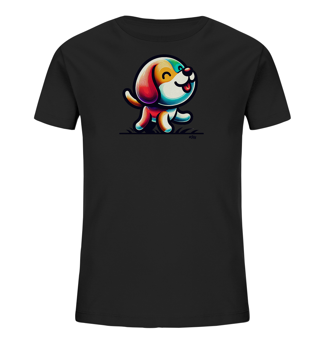 Onlineshop Shirts fuer Kinder - Schwarzes T-Shirt mit buntem Cartoon-Hundemotiv auf der Vorderseite. Der froehliche Hund ist in leuchtenden Regenbogenfarben gestaltet und scheint in Bewegung zu sein. Dieses verspielte Design ist ideal fuer Kinder.