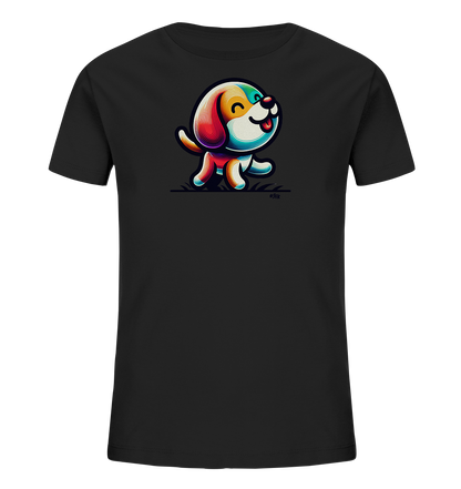 Onlineshop Shirts fuer Kinder - Schwarzes T-Shirt mit buntem Cartoon-Hundemotiv auf der Vorderseite. Der froehliche Hund ist in leuchtenden Regenbogenfarben gestaltet und scheint in Bewegung zu sein. Dieses verspielte Design ist ideal fuer Kinder.