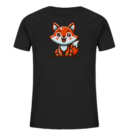 Onlineshop Shirts fuer Kinder - Das Bild zeigt ein schwarzes T-Shirt fuer Kinder. Auf der Vorderseite ist eine niedliche, stilisierte Illustration eines orangefarbenen Fuchses zu sehen. Der Fuchs sitzt und blickt freundlich nach vorne. Das Design ist schlicht und ansprechend fuer Kinder.