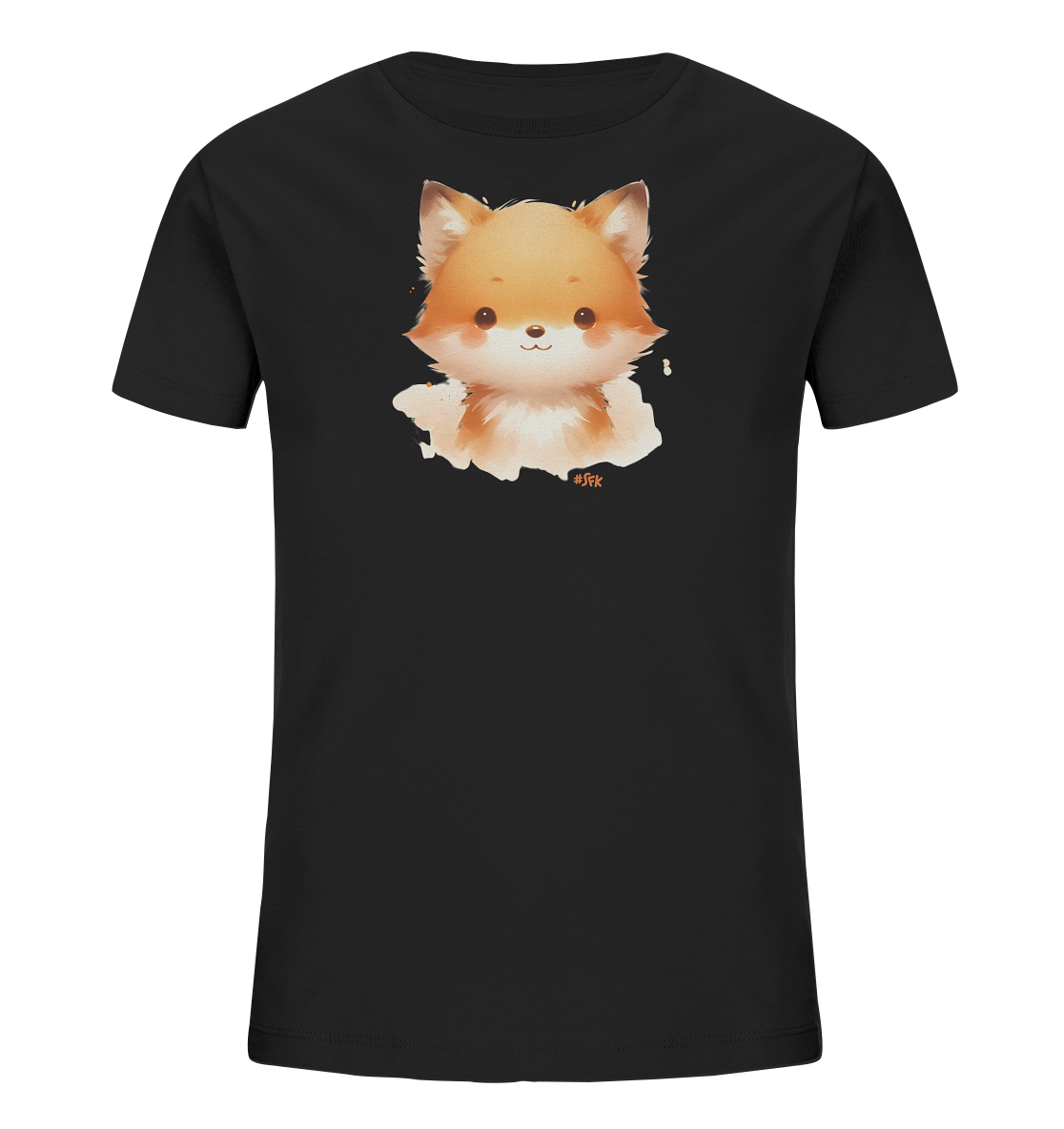 Onlineshop Shirts fuer Kinder - Das Bild zeigt ein schwarzes T-Shirt fuer Kinder. Auf der Vorderseite ist eine niedliche Illustration eines Fuchskopfes abgebildet. Der Fuchs ist in einem weichen, aquarellartigen Stil mit warmen Farbtoenen gezeichnet und blickt freundlich. Das Motiv ist zentral auf dem Shirt platziert.