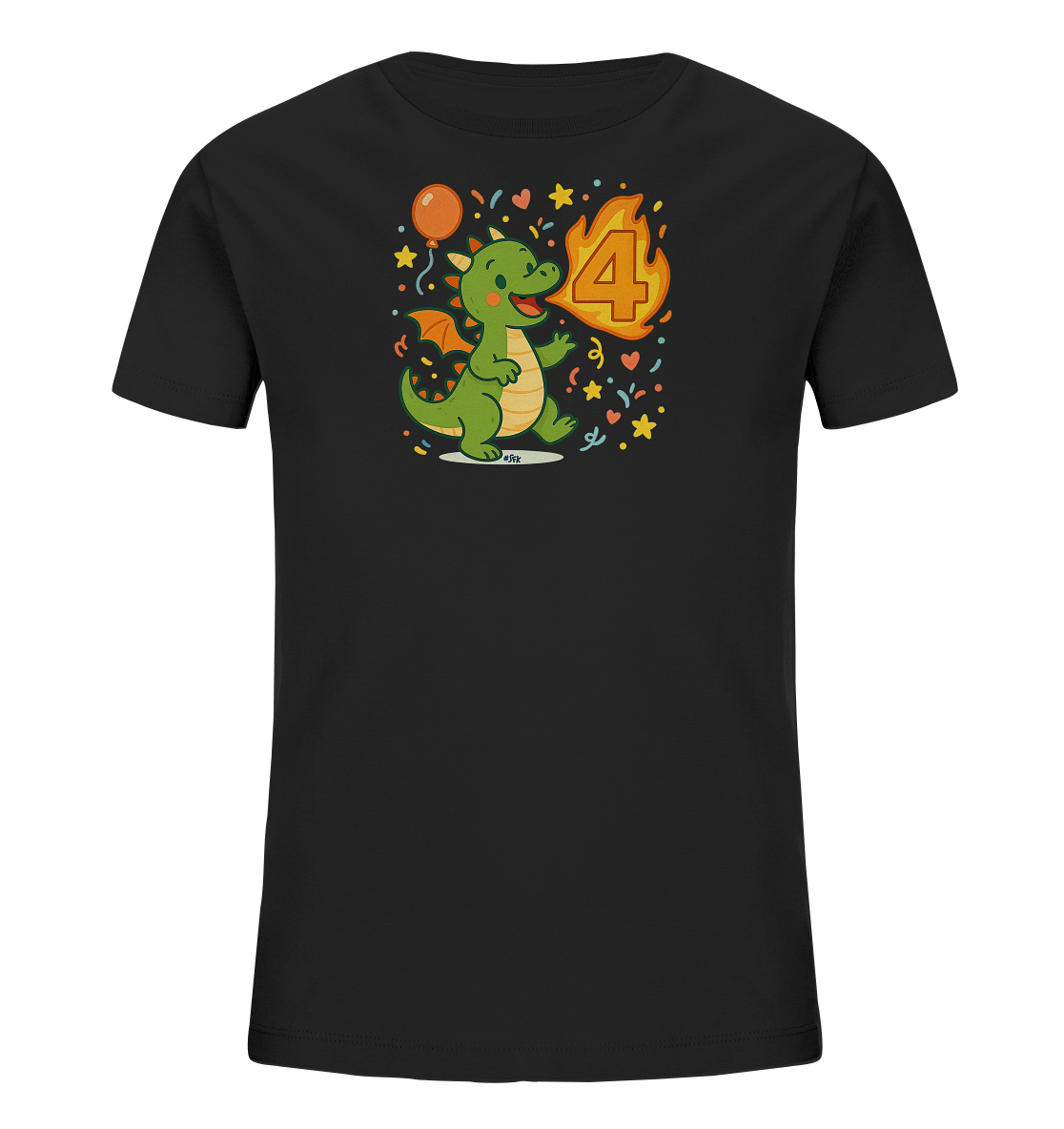 Onlineshop Shirts fuer Kinder - Das schwarze T-Shirt zeigt eine bunte Illustration eines niedlichen gruenen Drachens. Der Drache speit Feuer, das die Form der Zahl 4 annimmt. Um das Motiv herum sind festliche Elemente wie Sterne, Konfetti und ein Ballon dargestellt. Das Design ist lebhaft und verspielt gestaltet.