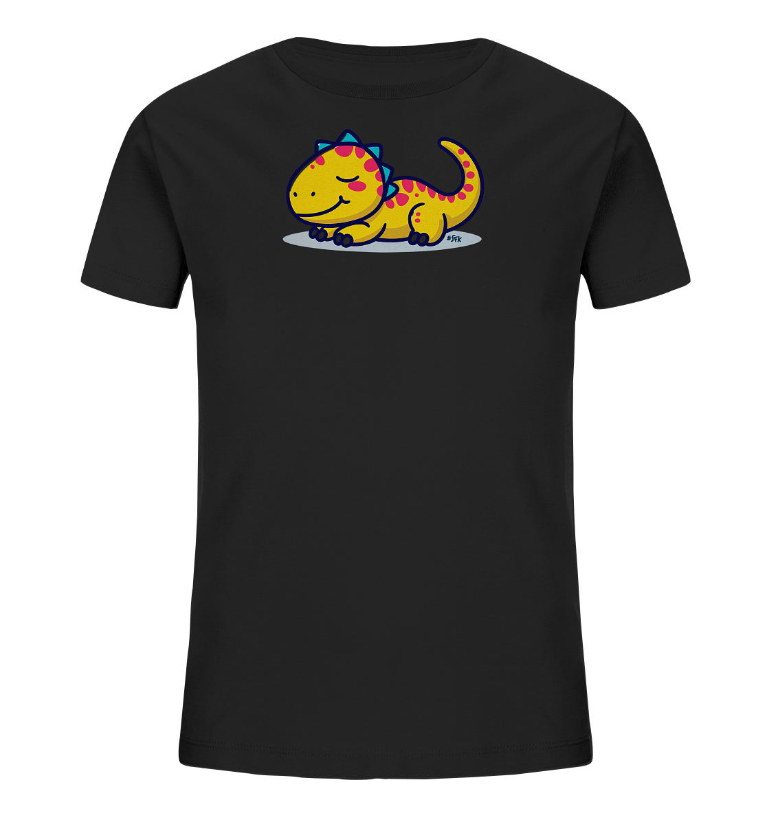 Onlineshop Shirts fuer Kinder - Das Bild zeigt ein schwarzes Kinder-T-Shirt mit einem farbenfrohen Aufdruck. Auf der Vorderseite ist ein niedlicher, gelber Cartoon-Dinosaurier abgebildet, der entspannt auf dem Boden liegt. Der Dinosaurier hat rosafarbene Wangenpunkte und tuerkisblaue Rueckenzacken. Das froehliche Motiv ist ideal fuer den Kinderalltag.