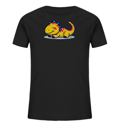 Onlineshop Shirts fuer Kinder - Das Bild zeigt ein schwarzes Kinder-T-Shirt mit einem farbenfrohen Aufdruck. Auf der Vorderseite ist ein niedlicher, gelber Cartoon-Dinosaurier abgebildet, der entspannt auf dem Boden liegt. Der Dinosaurier hat rosafarbene Wangenpunkte und tuerkisblaue Rueckenzacken. Das froehliche Motiv ist ideal fuer den Kinderalltag.