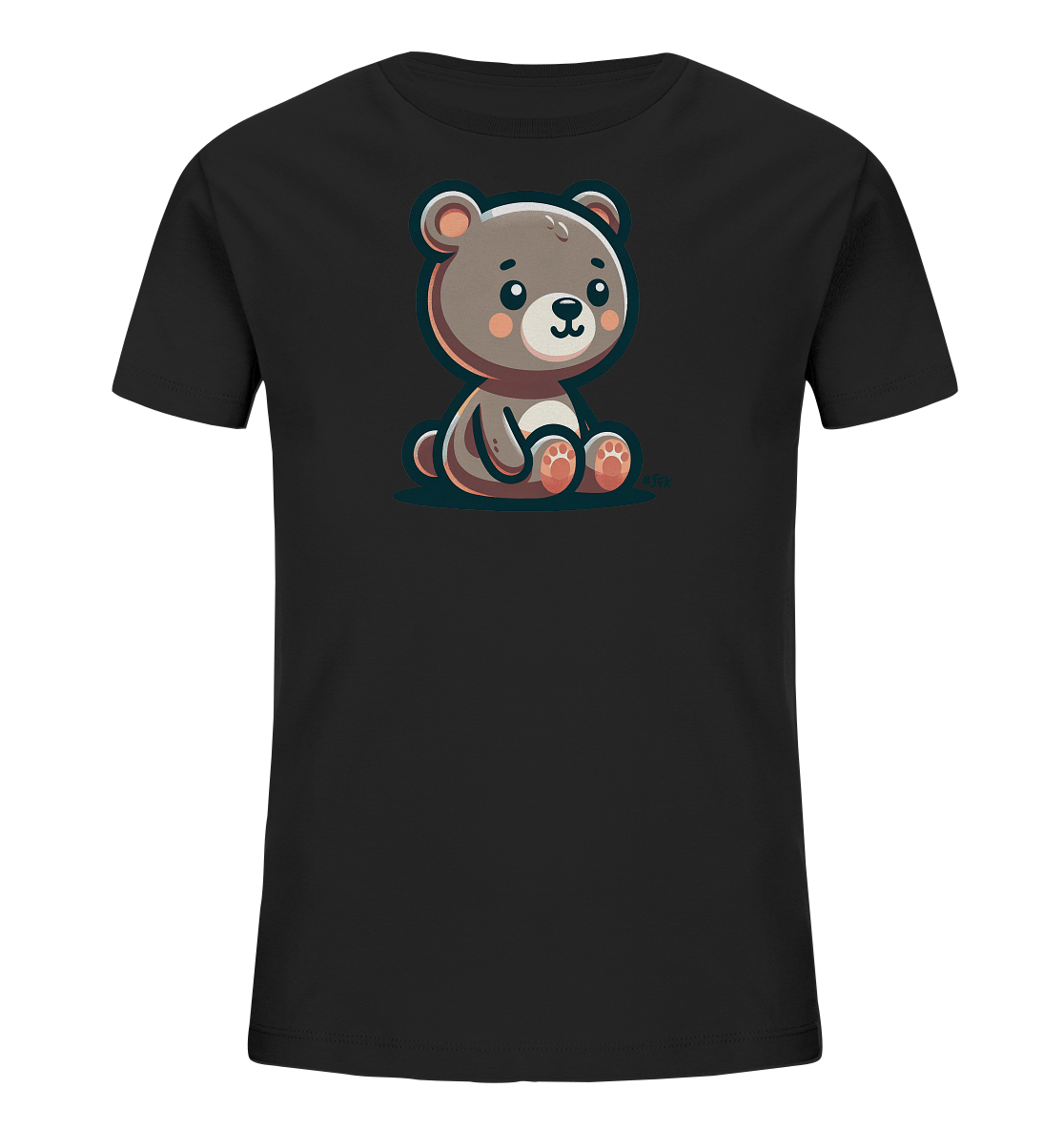 Onlineshop Shirts fuer Kinder - Dieses Bild zeigt ein schwarzes T-Shirt fuer Kinder. Auf der Vorderseite ist eine niedliche Illustration eines sitzenden Baeren zu sehen. Der Cartoon-Baer hat grosse Ohren, freundliche Augen und rosige Wangen. Seine Pfoten sind detailliert dargestellt und er sitzt auf einem angedeuteten Untergrund.