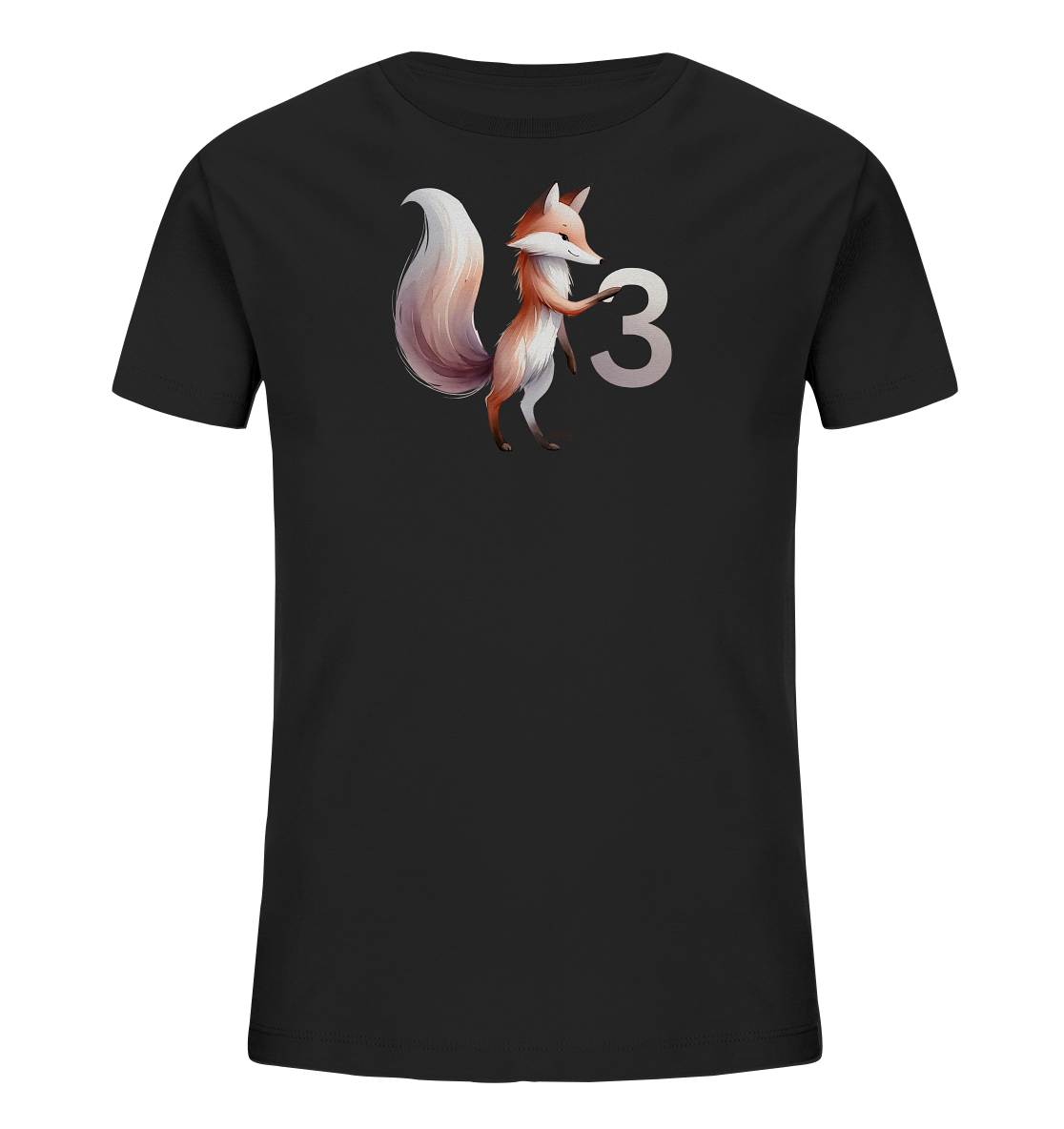 Onlineshop Shirts fuer Kinder - Das Bild zeigt ein schwarzes T-Shirt mit einer Grafik eines Fuchses und der Zahl 3 auf der Vorderseite. Der Fuchs ist in warmen Brauntoenen illustriert und hat einen buschigen Schwanz in helleren Toenen. Er steht aufrecht und haelt die grosse, hellgraue Zahl 3. Das Design wirkt kuenstlerisch und kindgerecht.