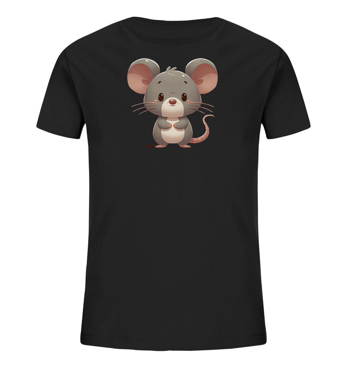 Onlineshop Shirts für Kinder - Das Bild zeigt ein schwarzes T-Shirt für Kinder, das auf der Vorderseite mit einer niedlichen, cartoonhaften Illustration einer Maus verziert ist. Die Maus ist grau und steht aufrecht, mit den Pfoten vor dem Körper gefaltet. Sie hat große, runde Ohren, lange Schnurrhaare und einen freundlichen Gesichtsausdruck. Das Design ist zentral auf dem Shirt platziert und wirkt durch die weichen Linien und Farben sehr ansprechend.