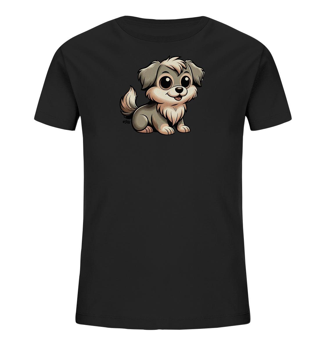 Onlineshop Shirts fuer Kinder - Das Bild zeigt ein schwarzes T-Shirt fuer Kinder mit einer niedlichen Illustration eines kleinen Hundes. Der cartoonhafte Hund sitzt aufrecht und hat hellgraues Fell mit beigefarbenen Akzenten. Mit grossen, freundlichen Augen und einem breiten Laecheln wirkt das Motiv sehr ansprechend. Das Design konzentriert sich auf das charmante Tierportraet auf der Vorderseite des Shirts.