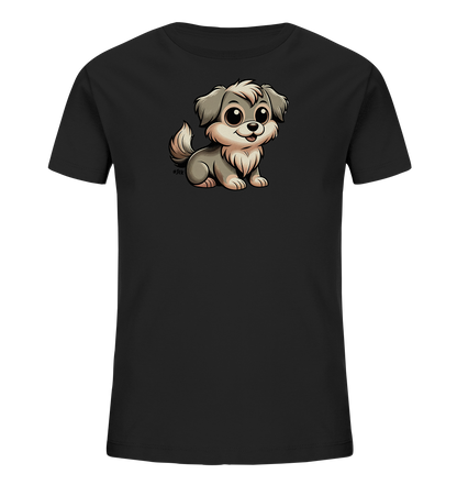 Onlineshop Shirts fuer Kinder - Das Bild zeigt ein schwarzes T-Shirt fuer Kinder mit einer niedlichen Illustration eines kleinen Hundes. Der cartoonhafte Hund sitzt aufrecht und hat hellgraues Fell mit beigefarbenen Akzenten. Mit grossen, freundlichen Augen und einem breiten Laecheln wirkt das Motiv sehr ansprechend. Das Design konzentriert sich auf das charmante Tierportraet auf der Vorderseite des Shirts.