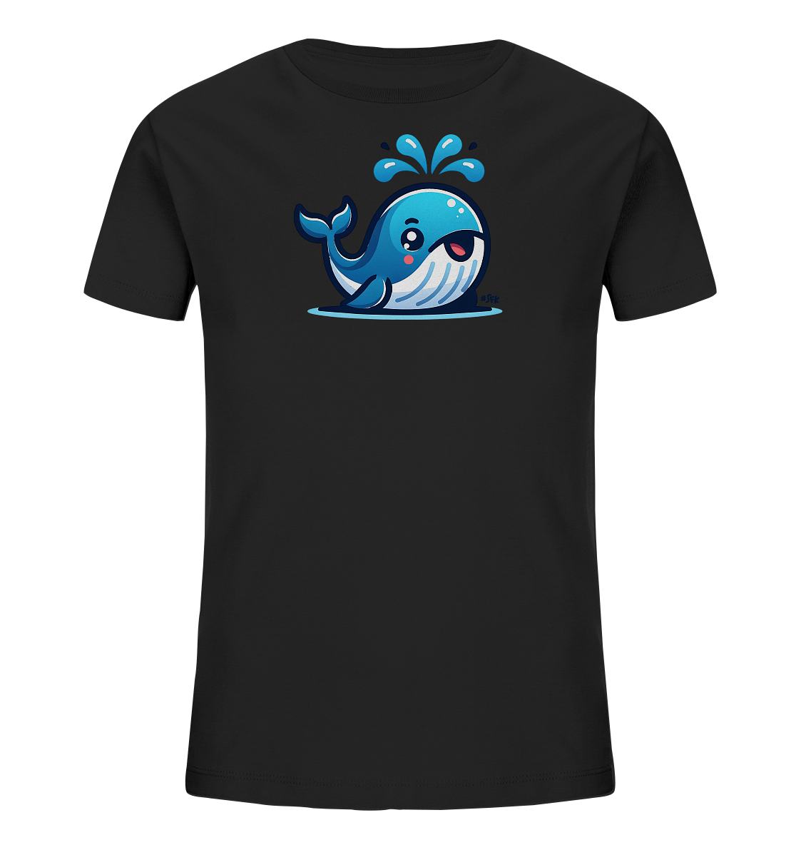 Onlineshop Shirts fuer Kinder - Das Bild zeigt ein schwarzes Kinder-T-Shirt mit einem niedlichen Wal-Motiv auf der Vorderseite. Der cartoonhafte Wal ist blau und weiss gestreift, hat grosse Augen und spritzt Wasser. Er blickt froehlich nach vorne und scheint aus dem Wasser aufzutauchen. Das Design wirkt verspielt und kindgerecht.