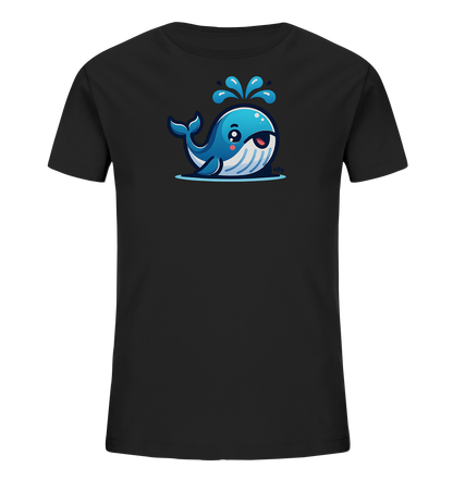 Onlineshop Shirts fuer Kinder - Das Bild zeigt ein schwarzes Kinder-T-Shirt mit einem niedlichen Wal-Motiv auf der Vorderseite. Der cartoonhafte Wal ist blau und weiss gestreift, hat grosse Augen und spritzt Wasser. Er blickt froehlich nach vorne und scheint aus dem Wasser aufzutauchen. Das Design wirkt verspielt und kindgerecht.