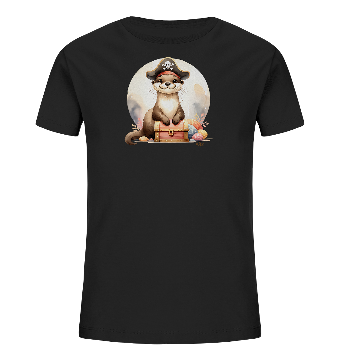Onlineshop Shirts fuer Kinder - Das schwarze T-Shirt zeigt einen niedlichen Otter mit einem Piratenhut, der auf einer geoeffneten Schatztruhe sitzt. Im Hintergrund ist ein grosser, heller Vollmond oder eine Sonne zu sehen. Bunt bemalte Eier liegen um die Truhe herum. Das Motiv hat einen verspielten, thematischen Charakter und passt gut zu Ostern oder Abenteuern.
