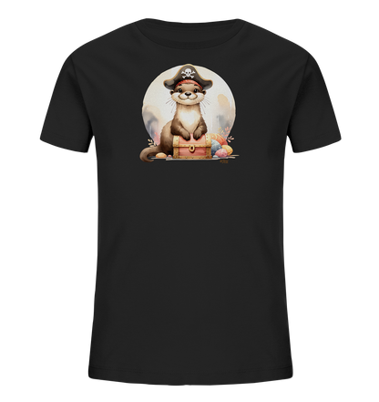 Onlineshop Shirts fuer Kinder - Das schwarze T-Shirt zeigt einen niedlichen Otter mit einem Piratenhut, der auf einer geoeffneten Schatztruhe sitzt. Im Hintergrund ist ein grosser, heller Vollmond oder eine Sonne zu sehen. Bunt bemalte Eier liegen um die Truhe herum. Das Motiv hat einen verspielten, thematischen Charakter und passt gut zu Ostern oder Abenteuern.