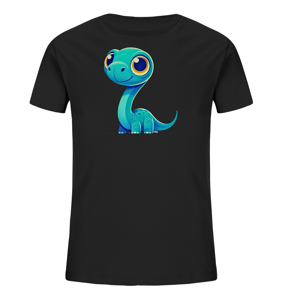 Onlineshop Shirts für Kinder - Das Bild zeigt ein schwarzes Kinder-T-Shirt mit einem großen, farbigen Druck auf der Vorderseite. Zu sehen ist ein niedlicher Cartoon-Dinosaurier in einem leuchtenden Blau-Türkiston. Der Dinosaurier hat auffällig große, runde Augen mit gelb-orangen Pupillen und ein freundliches Lächeln. Er sitzt in einer einfachen Pose, was dem Design einen verspielten und ansprechenden Look für Kinder verleiht.