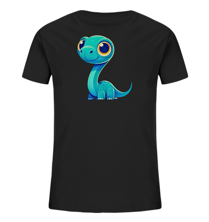 Onlineshop Shirts für Kinder - Das Bild zeigt ein schwarzes Kinder-T-Shirt mit einem großen, farbigen Druck auf der Vorderseite. Zu sehen ist ein niedlicher Cartoon-Dinosaurier in einem leuchtenden Blau-Türkiston. Der Dinosaurier hat auffällig große, runde Augen mit gelb-orangen Pupillen und ein freundliches Lächeln. Er sitzt in einer einfachen Pose, was dem Design einen verspielten und ansprechenden Look für Kinder verleiht.