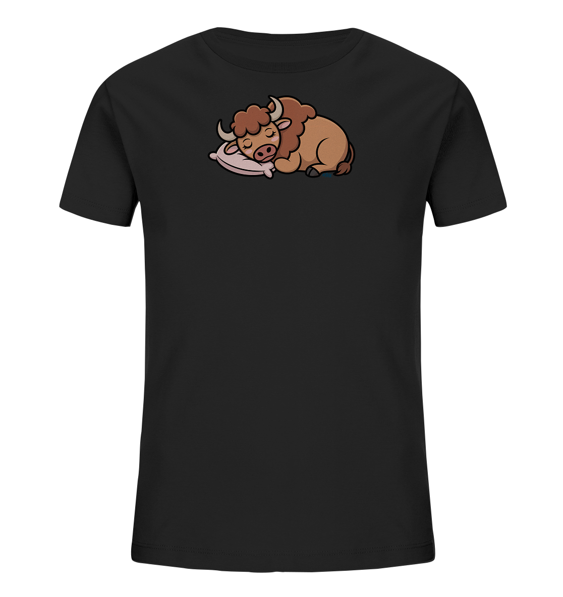 Onlineshop Shirts fuer Kinder - Das Bild zeigt ein schwarzes T-Shirt fuer Kinder. Auf der Vorderseite ist eine suesse, cartoonartige Illustration eines schlafenden braunen Bisonkalbs abgebildet. Das Kalb liegt entspannt auf einem hellrosa Kissen. Dieses Design verleiht dem Shirt eine ruhige und niedliche Ausstrahlung.