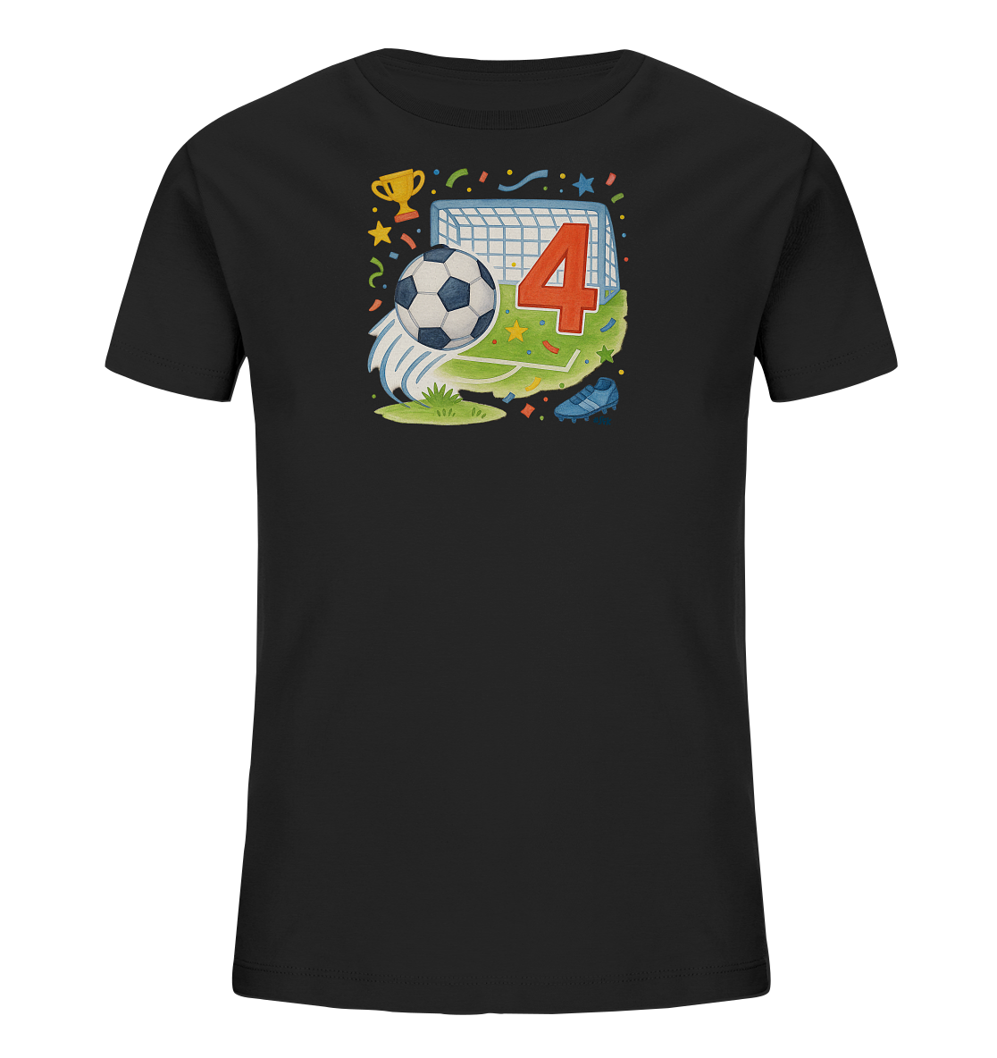 Onlineshop Shirts fuer Kinder - Das Bild zeigt ein schwarzes Kinder-T-Shirt mit einem lebhaften Fussball-Motiv auf der Vorderseite. Die Illustration beinhaltet ein Fussballtor, einen Ball, die Zahl 4 und festliche Elemente wie einen Pokal und Konfetti. Ein Fussballschuh rundet das sportliche Design ab. Es ist ein farbenfrohes und dynamisches Shirt, ideal fuer kleine Fussballfans.