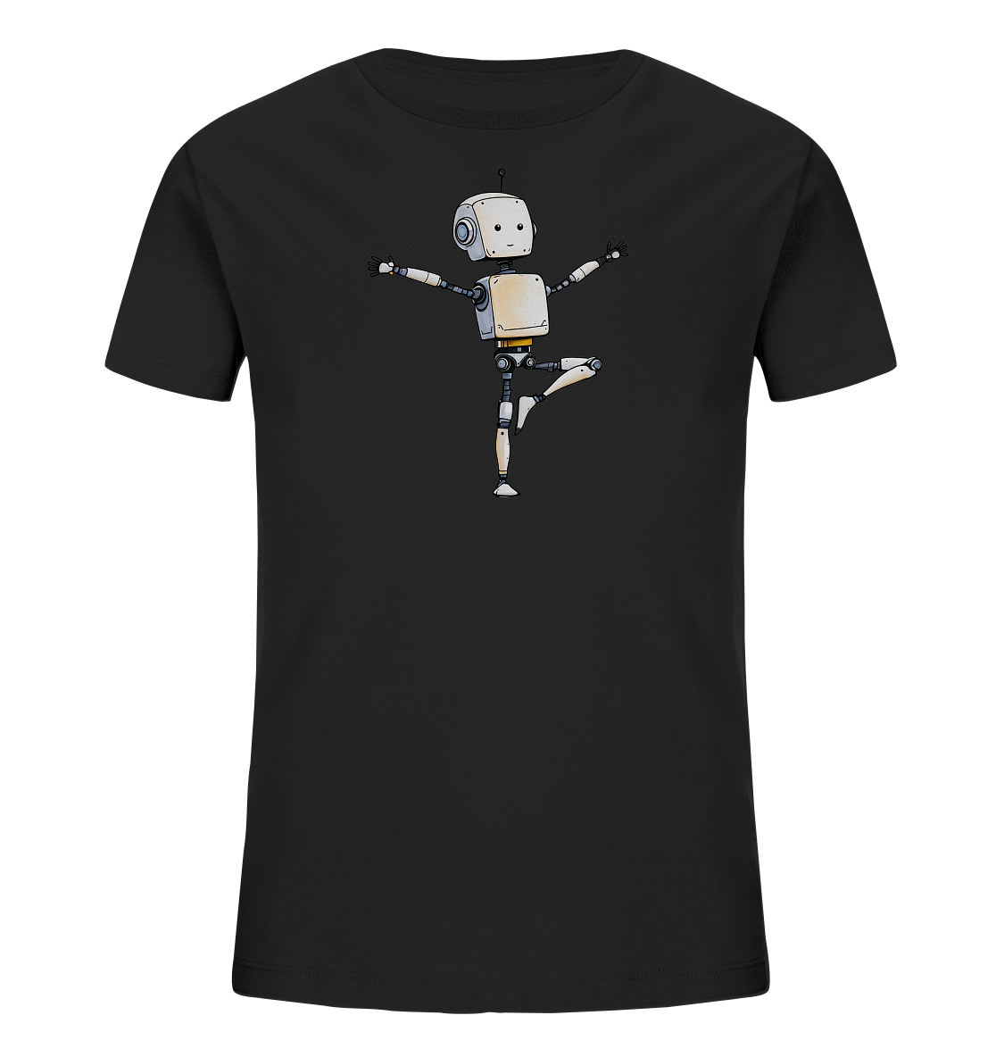 Onlineshop Shirts für Kinder - Das Bild zeigt ein schlichtes, schwarzes Kinder-T-Shirt. Auf der Vorderseite des Shirts ist eine Illustration eines freundlich aussehenden Roboters in einer pose abgebildet. Der Roboter ist in Grau- und Weißtönen gehalten, mit Akzenten in Gelb und Blau, und scheint auf einem Bein zu balancieren oder zu tanzen, mit ausgestreckten Armen. Die minimalistische Darstellung des Roboters verleiht dem T-Shirt einen modernen und verspielten Look, der für Kinder ansprechend ist.