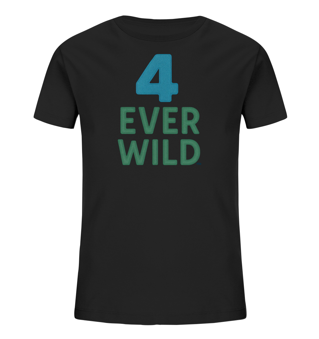 Onlineshop Shirts fuer Kinder - Das Bild zeigt ein schwarzes Kinder T-Shirt mit einem Aufdruck auf der Vorderseite. Der Aufdruck besteht aus der Zahl '4' in blauer Farbe. Darunter steht der Schriftzug "EVER WILD" in gruenen Grossbuchstaben. Das gesamte Design ist mittig auf dem Shirt positioniert.