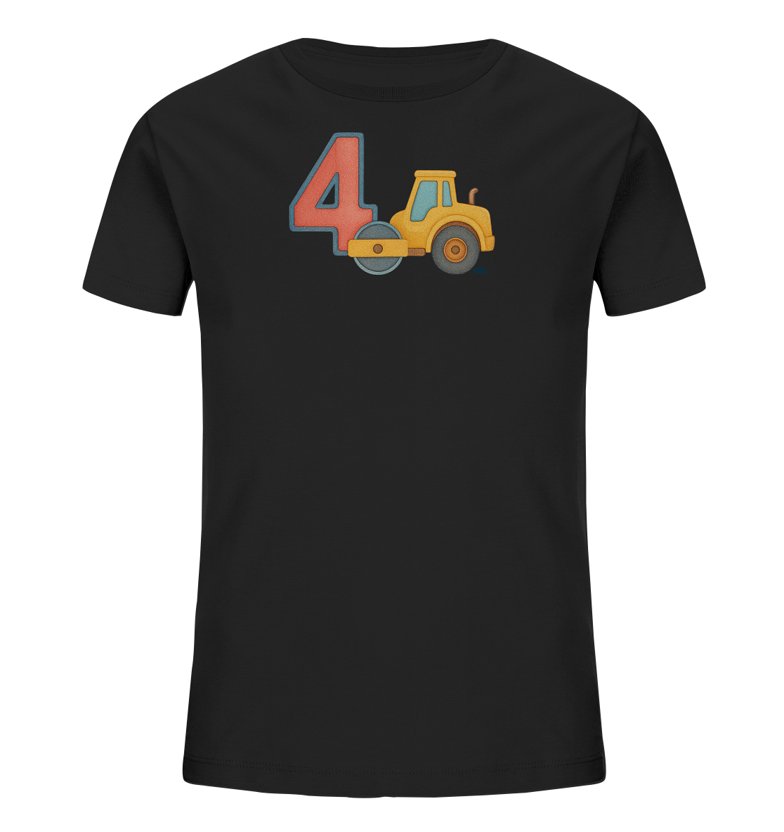 Onlineshop Shirts fuer Kinder - Das Bild zeigt ein schwarzes T-Shirt fuer Kinder. Auf der Vorderseite ist eine grosse rote Zahl '4' mit blauem Rand abgebildet. Daneben befindet sich die Illustration eines gelben Baustellenfahrzeugs mit einer grauen Walze. Das Design ist zentral auf dem Shirt platziert.