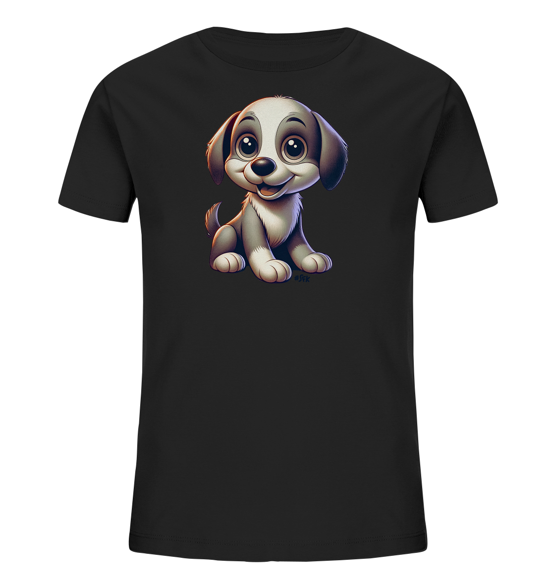 Onlineshop Shirts fuer Kinder - Das Bild zeigt ein schwarzes T-Shirt fuer Kinder. Auf der Vorderseite ist eine niedliche, cartoonartige Illustration eines kleinen Hundes zu sehen. Der sitzende Welpe hat grosse Augen, Schlappohren und ein freundliches Laecheln. Die Darstellung des Hundes ist zentral auf dem Shirt platziert.