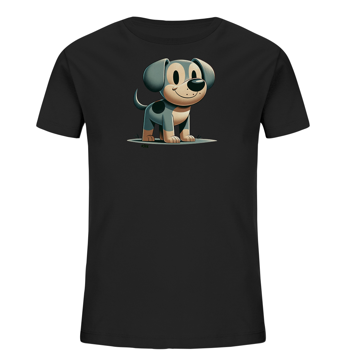 Onlineshop Shirts fuer Kinder - Das Bild zeigt ein schwarzes T-Shirt fuer Kinder. Auf der Vorderseite befindet sich eine detailreiche Illustration eines freundlichen, cartoonhaften Hundes. Der Hund hat graues Fell mit schwarzen Flecken, grosse Ohren und ein breites Laecheln. Er steht auf einem stilisierten Untergrund, was dem Design eine verspielte Note verleiht.