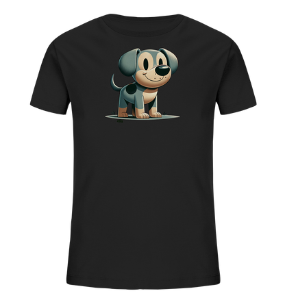 Onlineshop Shirts fuer Kinder - Das Bild zeigt ein schwarzes T-Shirt fuer Kinder. Auf der Vorderseite befindet sich eine detailreiche Illustration eines freundlichen, cartoonhaften Hundes. Der Hund hat graues Fell mit schwarzen Flecken, grosse Ohren und ein breites Laecheln. Er steht auf einem stilisierten Untergrund, was dem Design eine verspielte Note verleiht.