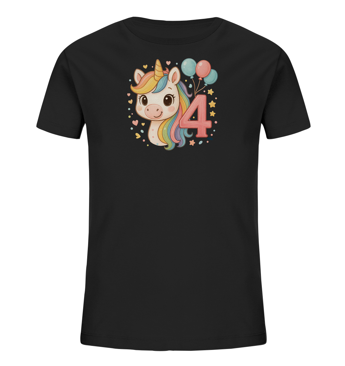 Onlineshop Shirts fuer Kinder - Das Bild zeigt ein schwarzes Kinder-T-Shirt mit einem farbenfrohen Druck auf der Vorderseite. Zu sehen ist der Kopf eines niedlichen Einhorns mit Regenbogenmaehne und goldenem Horn. Daneben steht die Zahl '4', begleitet von Luftballons, Sternen und kleinen Herzen. Das Design wirkt froehlich und verspielt.