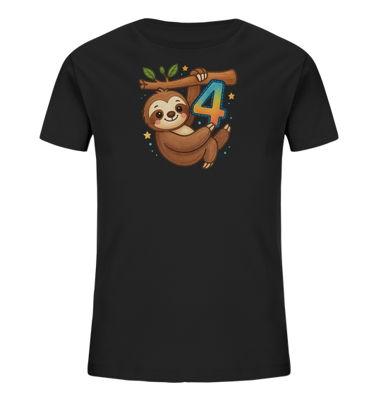 Onlineshop Shirts fuer Kinder - Das Bild zeigt ein schwarzes T-Shirt fuer Kinder mit einer farbigen Illustration auf der Vorderseite. Ein niedliches Faultier haengt kopfueber an einem Ast. Das Faultier haelt in seinen Pfoten die Zahl '4', die in leuchtenden Blau-, Orange- und Gelbtoenen gefaerbt ist. Kleine Sterne und Glitzerpunkte umgeben das Hauptmotiv und ergaenzen das verspielte Design.