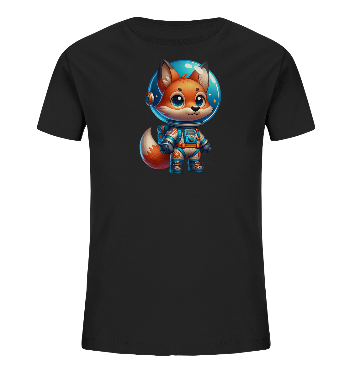 Onlineshop Shirts fuer Kinder - Das Bild zeigt ein schwarzes T-Shirt fuer Kinder. Auf der Vorderseite ist eine niedliche, cartoonartige Darstellung eines Fuchses zu sehen. Der Fuchs traegt einen detaillierten blauen und orangefarbenen Raumanzug mit Helm. Das Motiv ist verspielt und hat ein Weltraumthema.