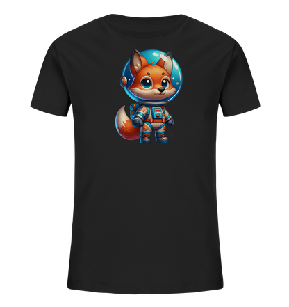 Onlineshop Shirts fuer Kinder - Das Bild zeigt ein schwarzes T-Shirt fuer Kinder. Auf der Vorderseite ist eine niedliche, cartoonartige Darstellung eines Fuchses zu sehen. Der Fuchs traegt einen detaillierten blauen und orangefarbenen Raumanzug mit Helm. Das Motiv ist verspielt und hat ein Weltraumthema.