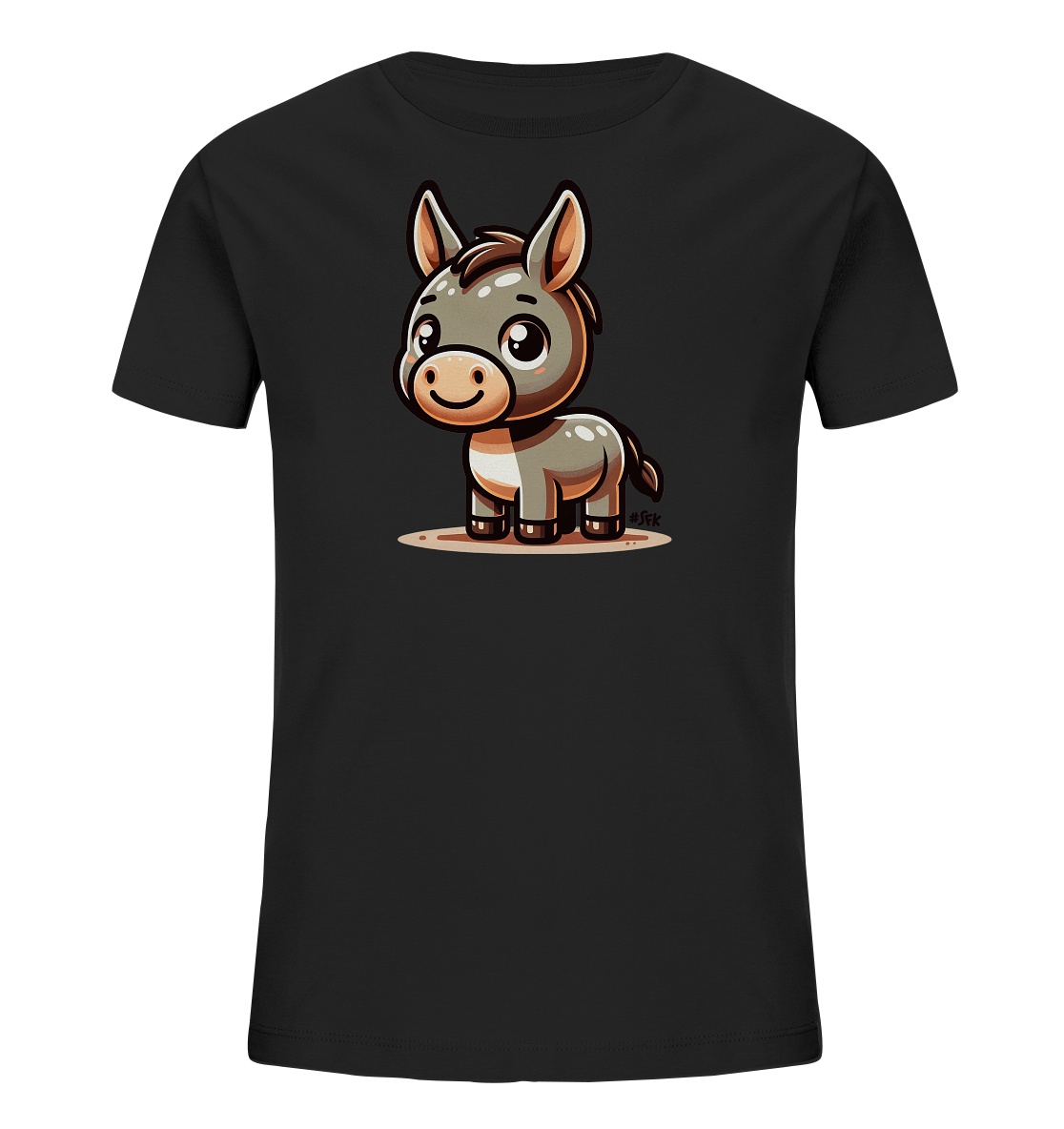 Onlineshop Shirts fuer Kinder - Dieses Bild zeigt ein schwarzes T-Shirt fuer Kinder. Auf der Vorderseite ist eine suesse, cartoonhafte Illustration eines Esels zu sehen. Der Esel ist grau und hat grosse Augen sowie einen freundlichen Ausdruck. Er steht auf einem beigen Untergrund dargestellt im Comic-Stil.