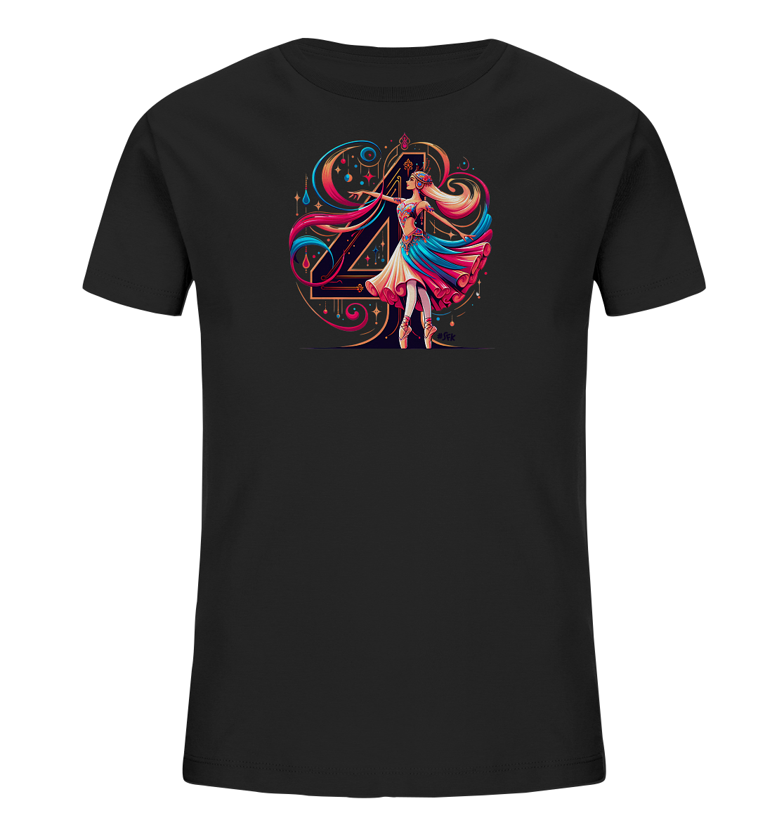 Onlineshop Shirts fuer Kinder - Das Bild zeigt ein schwarzes T-Shirt fuer Kinder. Auf der Vorderseite ist eine detailreiche Grafik einer tanzenden Ballerina in einem farbenfrohen Kleid abgebildet. Hinter ihr befindet sich eine kunstvoll gestaltete Zahl '4' mit verspielten, bunten Verzierungen. Das Motiv wirkt lebhaft und ansprechend mit seinen fliessenden Formen und leuchtenden Farben.