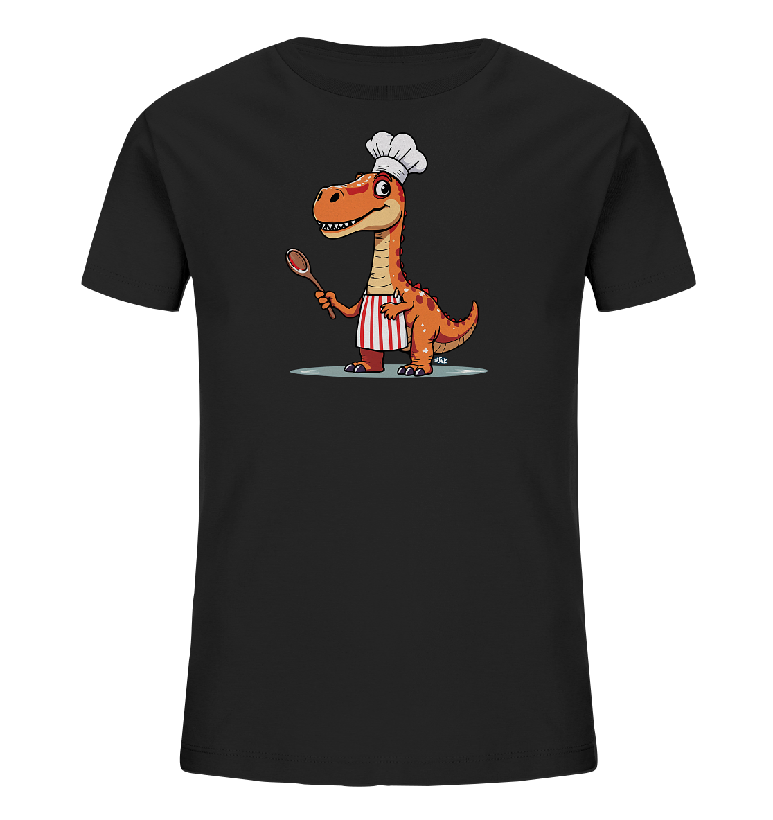 Onlineshop Shirts fuer Kinder - Das Bild zeigt ein schwarzes Kinder T-Shirt mit einer cartoonartigen Illustration eines Dinosauriers auf der Vorderseite. Der freundlich wirkende orangefarbene Dinosaurier traegt eine weisse Kochmuetze und eine rot-weiss gestreifte Schuerze. Er haelt einen hoelzernen Loeffel in seiner rechten Hand. Das Motiv steht auf einem hellgrauen Untergrund und hebt sich gut vom dunklen Stoff ab.