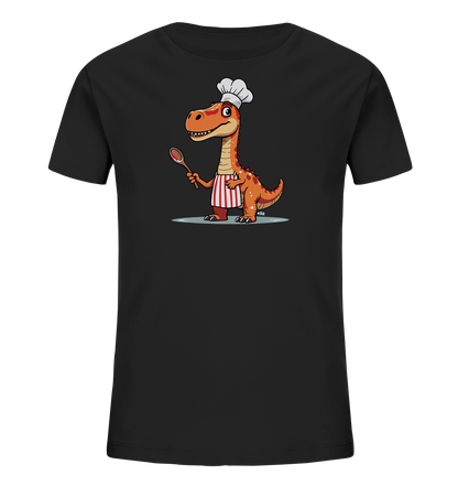 Kinder T-Shirt mit orangefarbenem Dino als Koch
