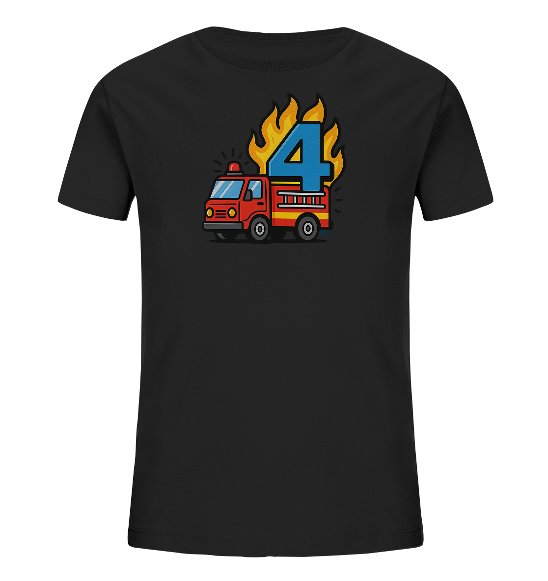 Onlineshop Shirts fuer Kinder - Das Bild zeigt ein schwarzes T-Shirt fuer Kinder. Auf der Vorderseite ist eine bunte Grafik eines roten Feuerwehrautos abgebildet. Über dem Fahrzeug thront die blaue Zahl 4, umgeben von gelb-orangen Flammen. Das Design ist lebendig und detailliert.