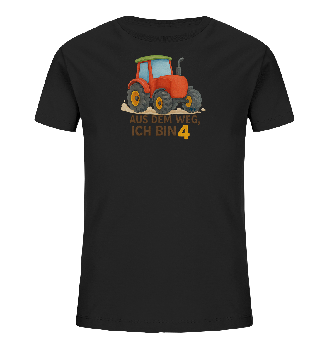 Onlineshop Shirts fuer Kinder - Ein schwarzes Kinder-T-Shirt zeigt auf der Vorderseite einen farbigen Druck. Abgebildet ist ein roter Cartoon-Traktor mit gruener Kabine auf braunem Untergrund. Darunter steht Text in Braun und eine grosse gelbe Zahl 4.