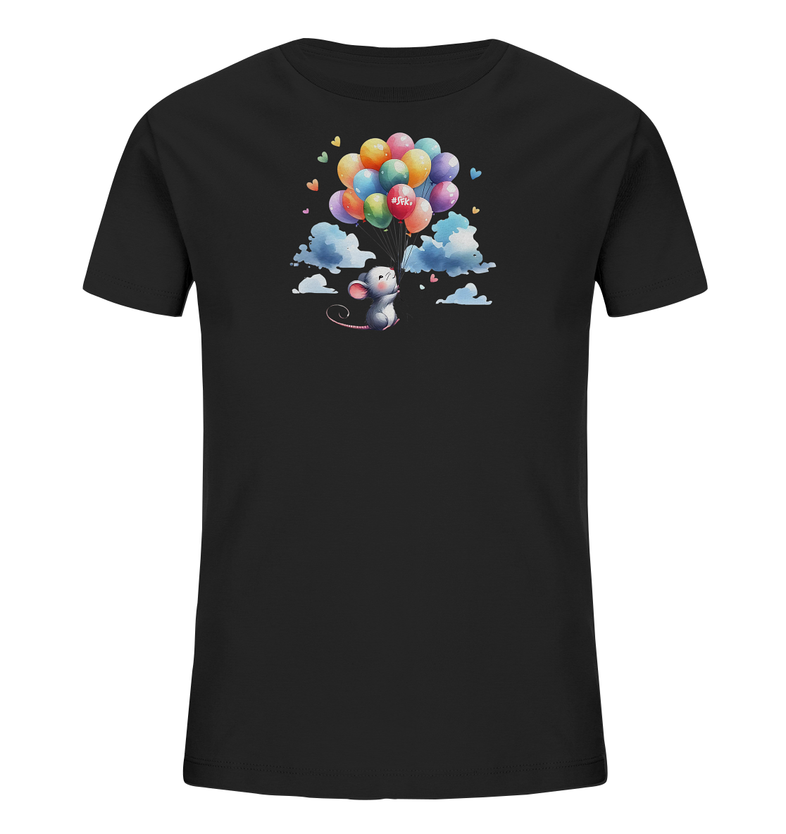Onlineshop Shirts für Kinder - Das Bild zeigt ein schwarzes Kinder-T-Shirt mit einem farbenfrohen Druck auf der Vorderseite. Das Motiv stellt eine niedliche, cartoonhafte Maus dar, die mit einem Bündel bunter Ballons durch die Luft fliegt. Um die Maus herum sind Wolken und kleine Herzen zu sehen, und auf einem der Ballons steht der Schriftzug "#SFK.". Dieses verspielte Design verleiht dem Shirt einen fröhlichen und fantasievollen Look.