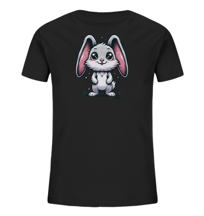 Onlineshop Shirts fuer Kinder - Das Bild zeigt ein schwarzes T-Shirt fuer Kinder mit einem grossen, niedlichen Bunny-Motiv auf der Vorderseite. Das cartoonartige Haeschen ist hellgrau, hat grosse rosa Ohren und ausdrucksstarke Augen. Es steht aufrecht, umgeben von kleinen grafischen Elementen wie Sternen und Grashalmen.