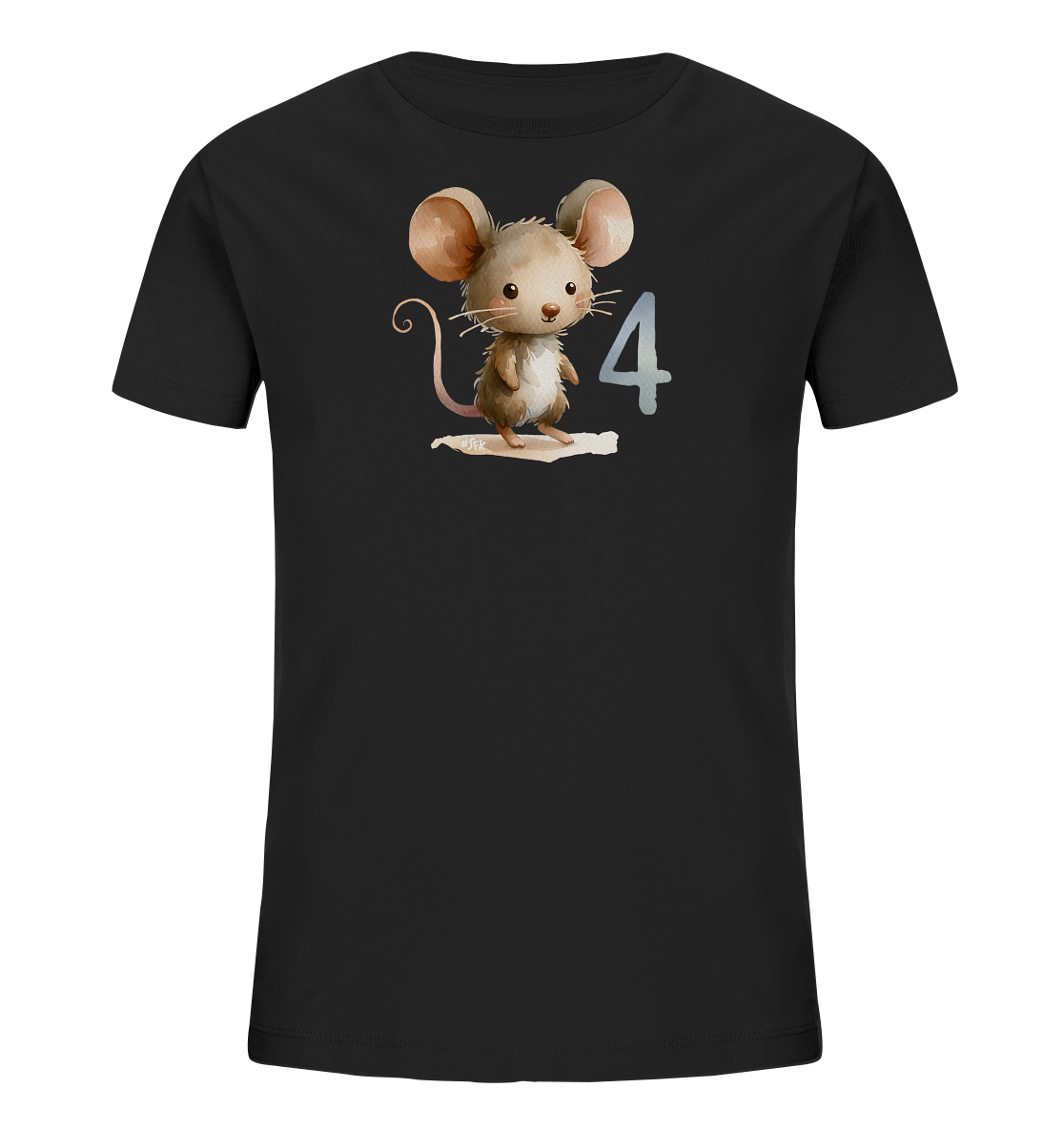 Onlineshop Shirts fuer Kinder - Das Bild zeigt ein schwarzes T-Shirt fuer Kinder. Auf der Vorderseite befindet sich eine niedliche Illustration einer Maus mit grossen Ohren. Die Maus steht auf einem Stueck Papier und neben ihr ist die Zahl '4' in grauer Farbe abgebildet. Das Gesamtbild des T-Shirts wirkt kindgerecht und neutral.