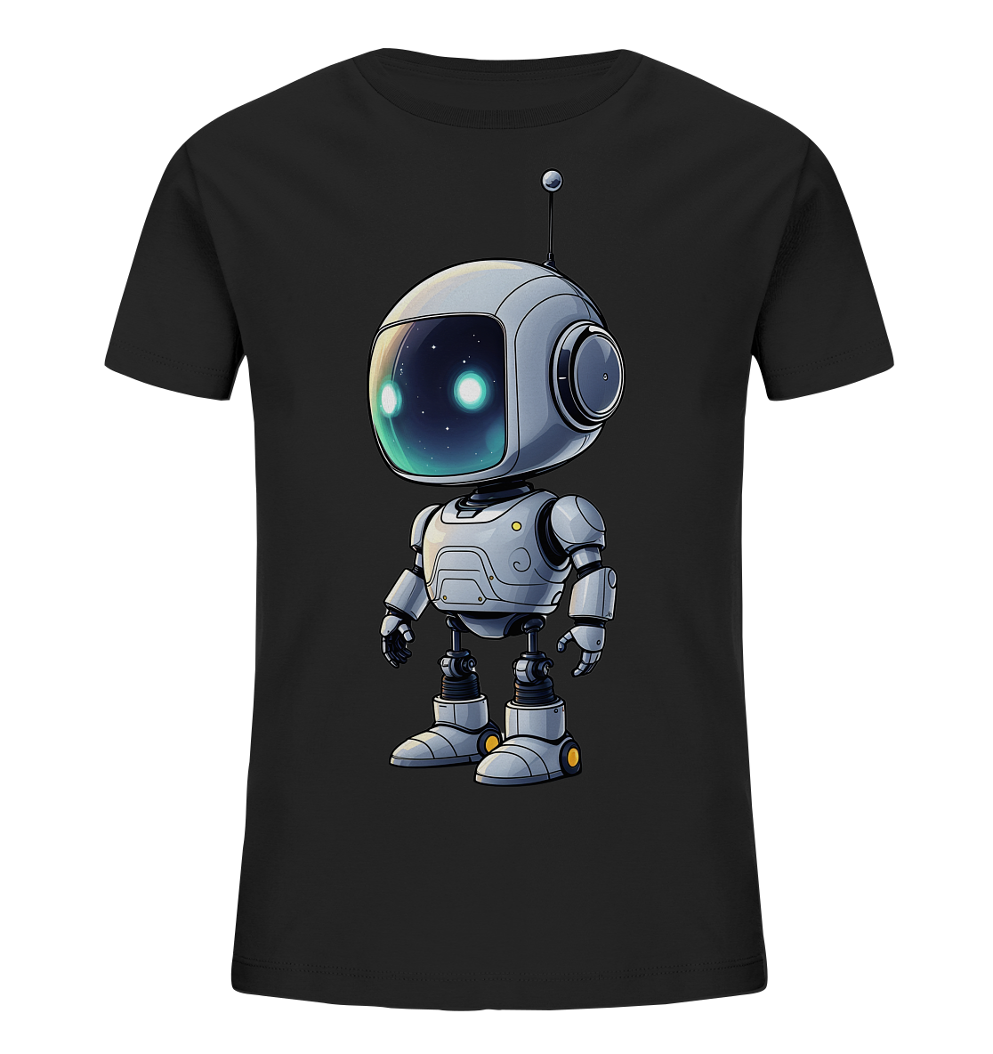 Onlineshop Shirts für Kinder - Das Bild zeigt ein schwarzes T-Shirt mit einem zentralen Druck. Der Druck ist eine Illustration eines niedlichen, cartoonartigen Roboters. Der Roboter hat einen großen, runden Helm mit einem Visier, das einen Sternenhimmel oder eine Galaxie zeigt, und leuchtende Augenpunkte. Sein Körper ist grau und detailliert gestaltet, mit Gelenken und einer kleinen Antenne auf dem Kopf. Die gesamte Darstellung wirkt freundlich und futuristisch.