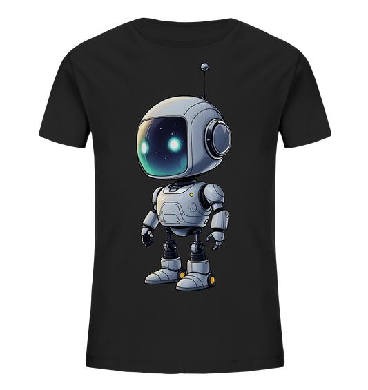 Onlineshop Shirts für Kinder - Das Bild zeigt ein schwarzes T-Shirt mit einem zentralen Druck. Der Druck ist eine Illustration eines niedlichen, cartoonartigen Roboters. Der Roboter hat einen großen, runden Helm mit einem Visier, das einen Sternenhimmel oder eine Galaxie zeigt, und leuchtende Augenpunkte. Sein Körper ist grau und detailliert gestaltet, mit Gelenken und einer kleinen Antenne auf dem Kopf. Die gesamte Darstellung wirkt freundlich und futuristisch.