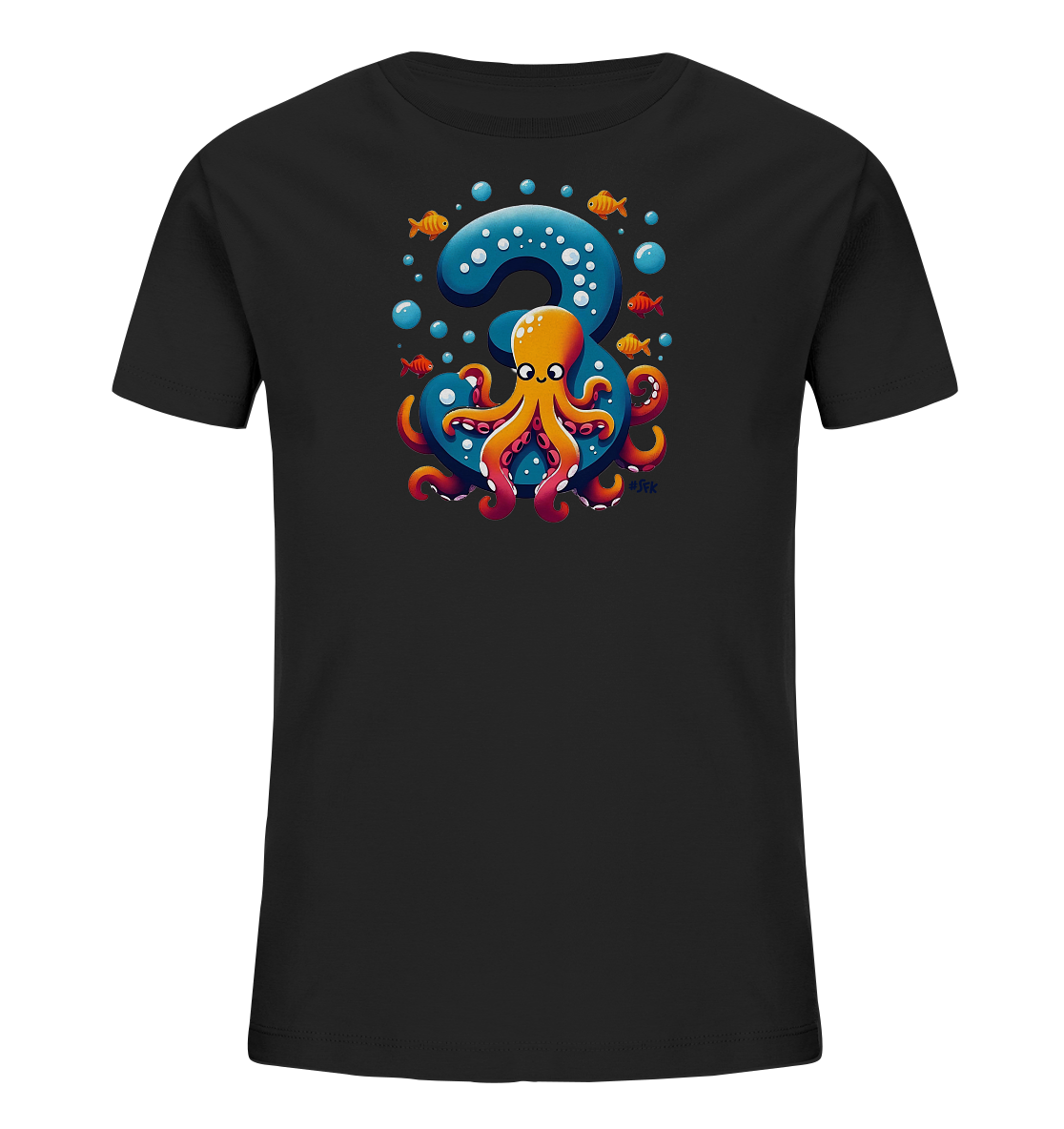 Onlineshop Shirts fuer Kinder - Das Bild zeigt ein schwarzes Kinder-T-Shirt mit einem verspielten Unterwasser-Motiv. Im Zentrum steht eine grosse, blau-gepunktete Zahl '3'. Ein froehlicher, orangefarbener Oktopus mit roten Tentakeln sitzt davor. Das Design wird durch kleine Fische und Blasen ergaenzt, was dem Shirt einen lebendigen Look verleiht.