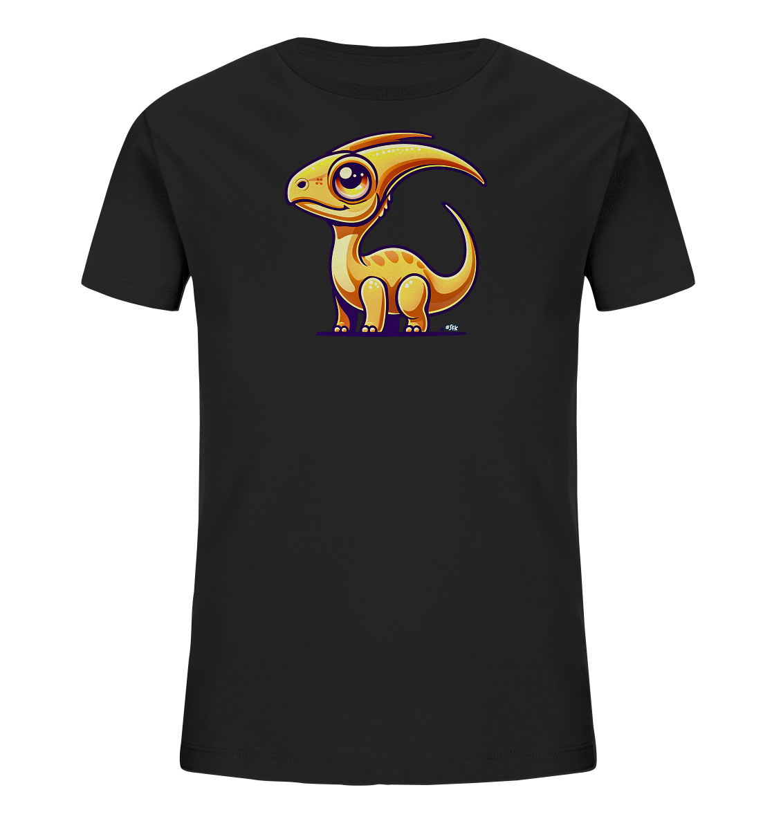 Onlineshop Shirts fuer Kinder - Das Bild zeigt ein schwarzes Kinder-T-Shirt mit einer farbenfrohen Illustration eines suessen, cartoonhaften Dinosauriers auf der Vorderseite. Der kleine orange-gelbe Dinosaurier hat grosse Augen und einen markanten Kopfkamm. Er steht aufrecht mit einem freundlichen Ausdruck. Das verspielte Design verleiht dem Shirt einen froehlichen Charakter.