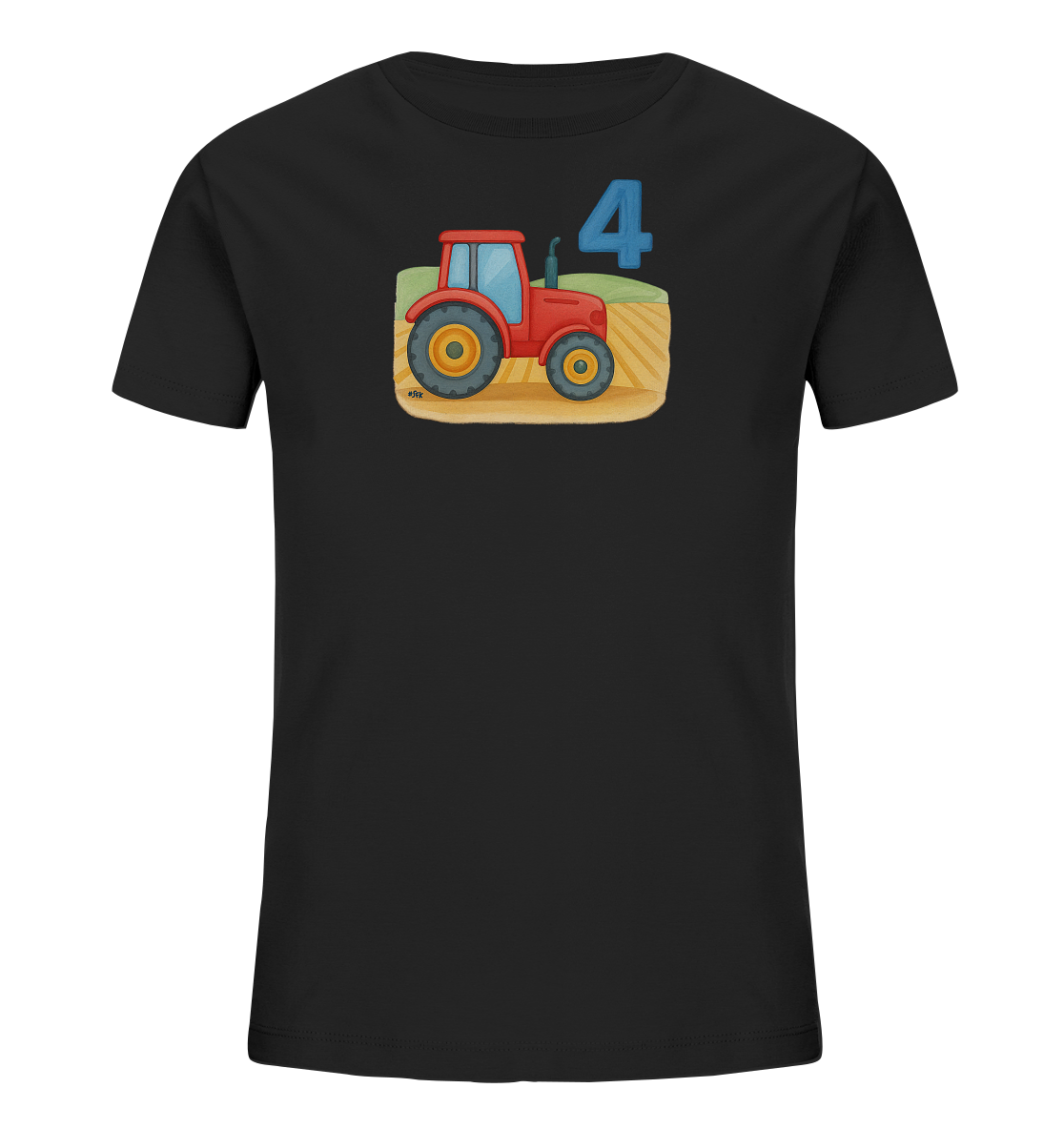 Onlineshop Shirts fuer Kinder - Das Bild zeigt ein schwarzes Kinder-T-Shirt mit einer Illustration auf der Vorderseite. Das Motiv zeigt einen roten Traktor auf einem Feld mit gelben und gruenen Abschnitten. Daneben ist eine grosse, blaue Zahl '4' platziert. Das Design hat einen verspielten, gezeichneten Stil.