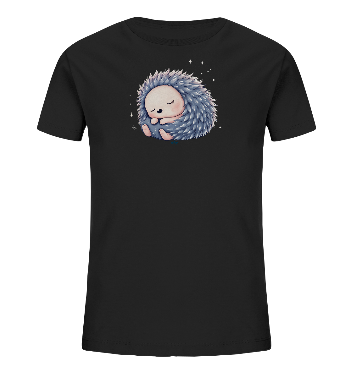 Onlineshop Shirts fuer Kinder - Das Bild zeigt ein schwarzes Kinder-T-Shirt mit einer detaillierten Illustration eines schlafenden Igels. Der Igel ist eingerollt, hat weiche blau-graue Stacheln und einen sanften, geschlossenen Blick. Kleine weisse Sterne umgeben das schlafende Wesen, was eine ruhige Atmosphaere schafft.